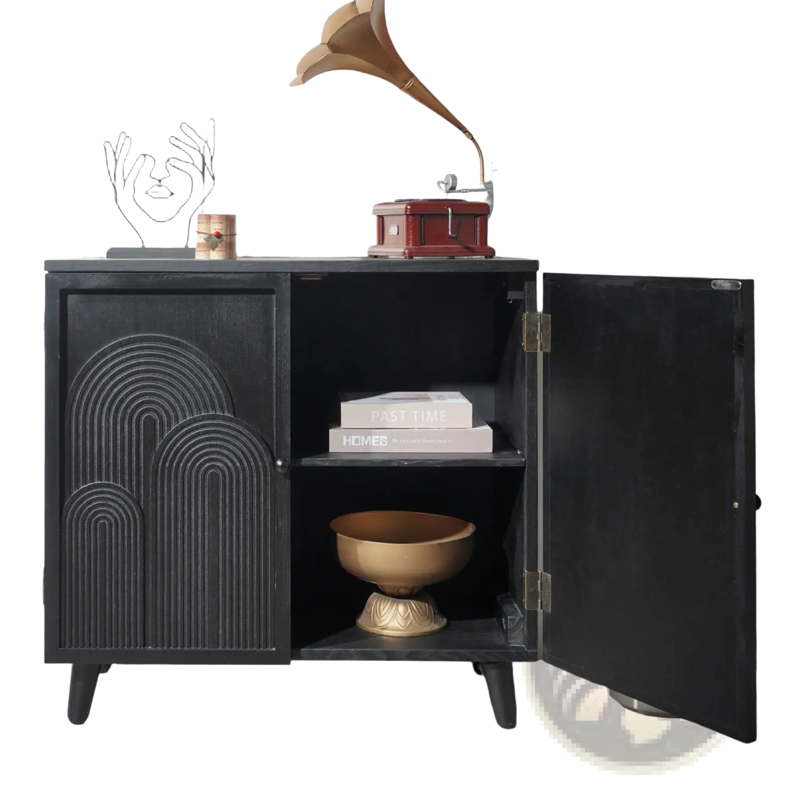 Black wood storage cabinet 31in with arched textured panel design and brass hardware for accent storage use