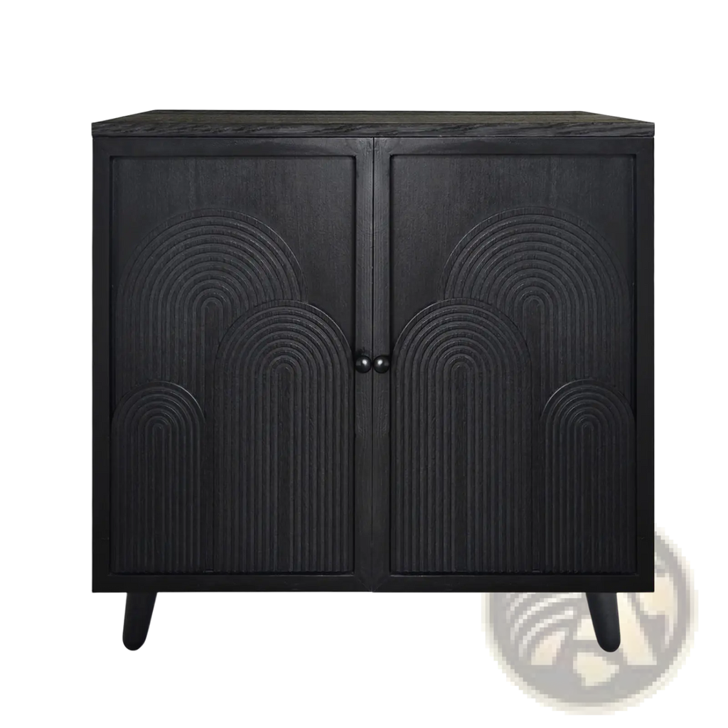 Black wood storage cabinet with embossed arched patterns on doors and a dark wood top measuring 31 inches
