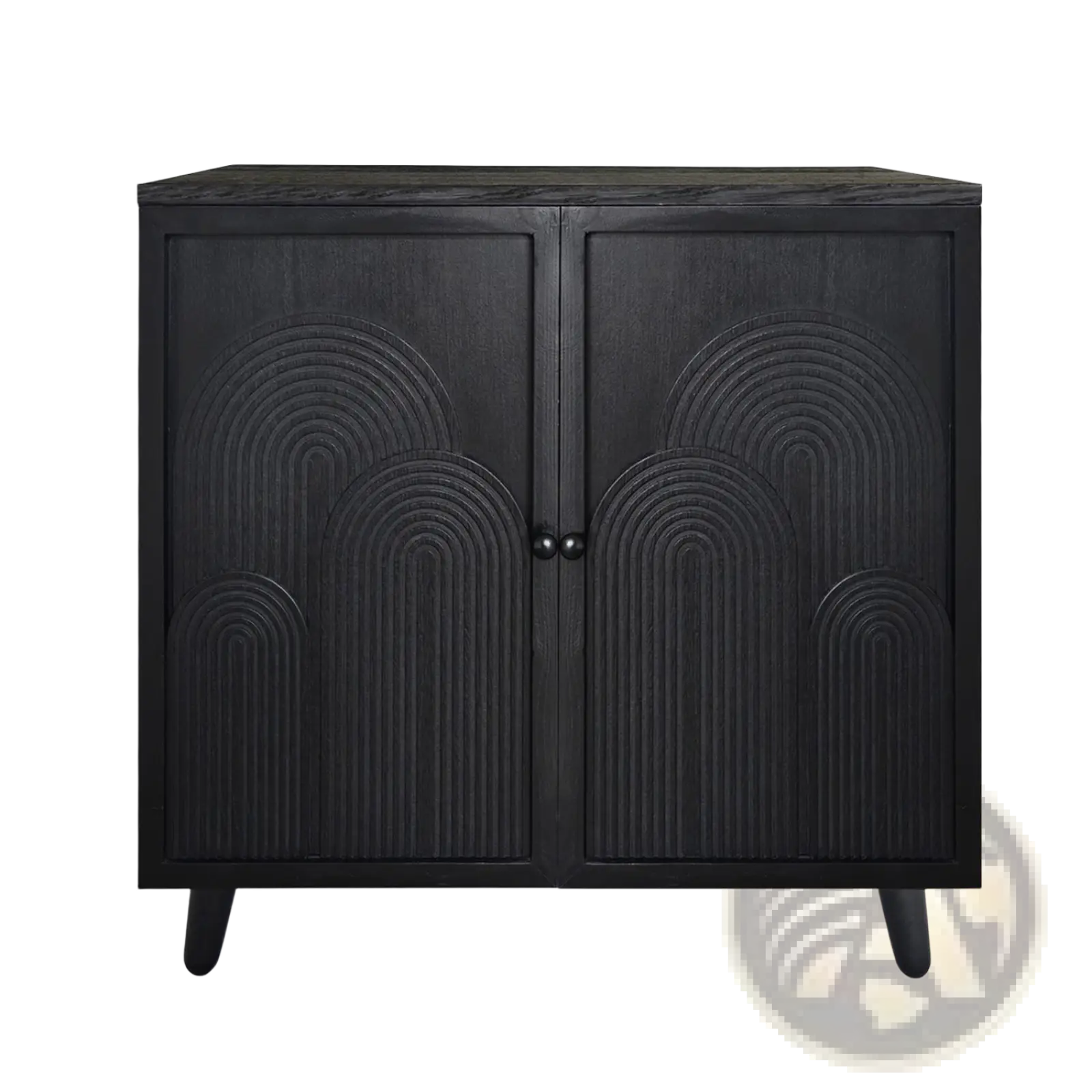 Black wood storage cabinet with embossed arched patterns on doors and a dark wood top measuring 31 inches