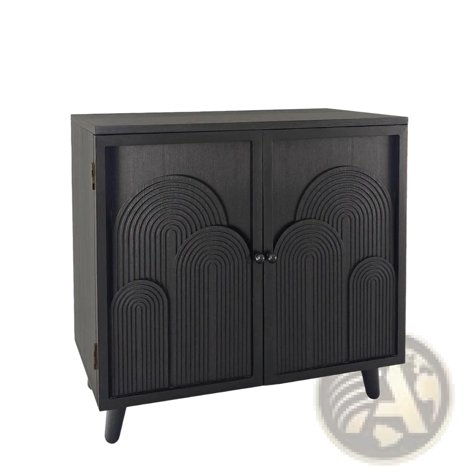 Black wood storage cabinet with embossed arched panel design and tapered legs for elegant accent storage
