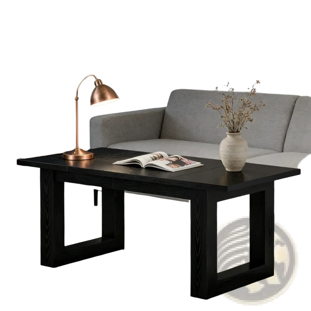 Black wooden office desk with sturdy rectangular legs and a smooth dark-finished surface for modern minimalist use