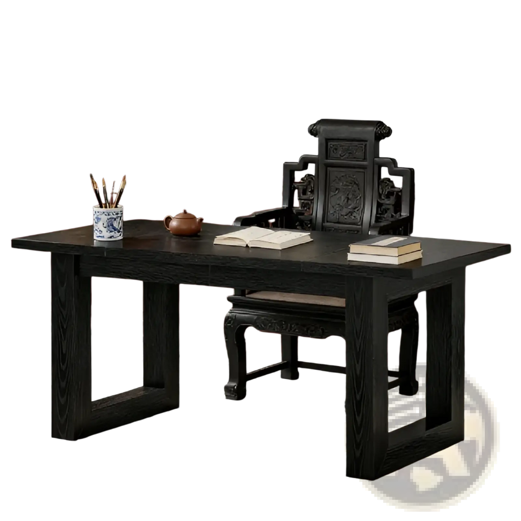 Black wooden office desk with intricate carvings and matching chair in a modern minimalist workstation design
