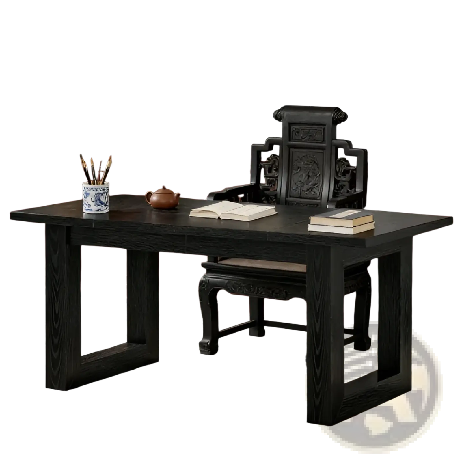 Black wooden office desk with intricate carvings and matching chair in a modern minimalist workstation design