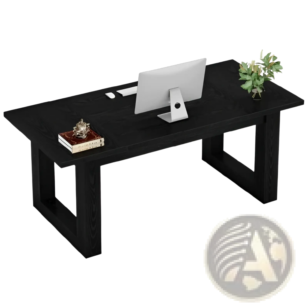 Black wooden office desk with a modern minimalist design and sturdy rectangular legs for a workstation setup