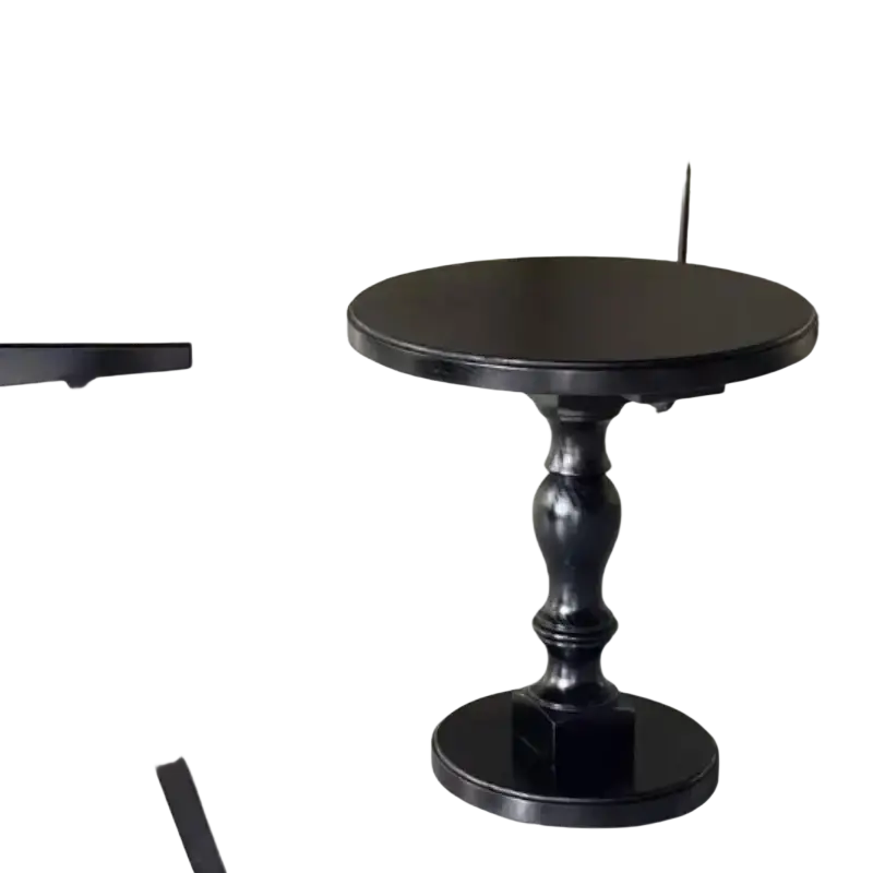 Black wooden pedestal round accent table with a glossy finish and ornate turned base for elegant decor