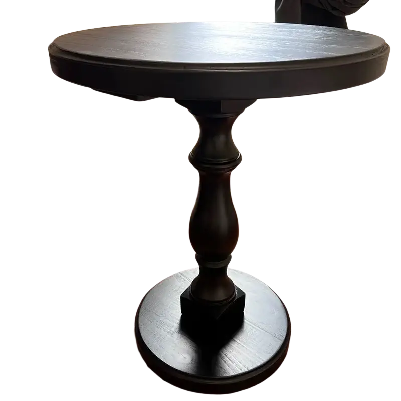 Black wooden pedestal round accent table with a smooth matte-finished wooden top and base