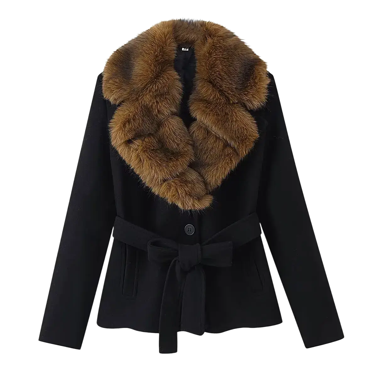 Black wool coat with plush brown fur collar and matching belt tied at the waist for elegant warmth