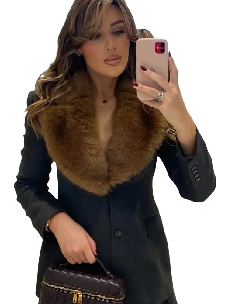 Black wool coat featuring a dark gray fabric with a plush brown fur collar for added warmth and style