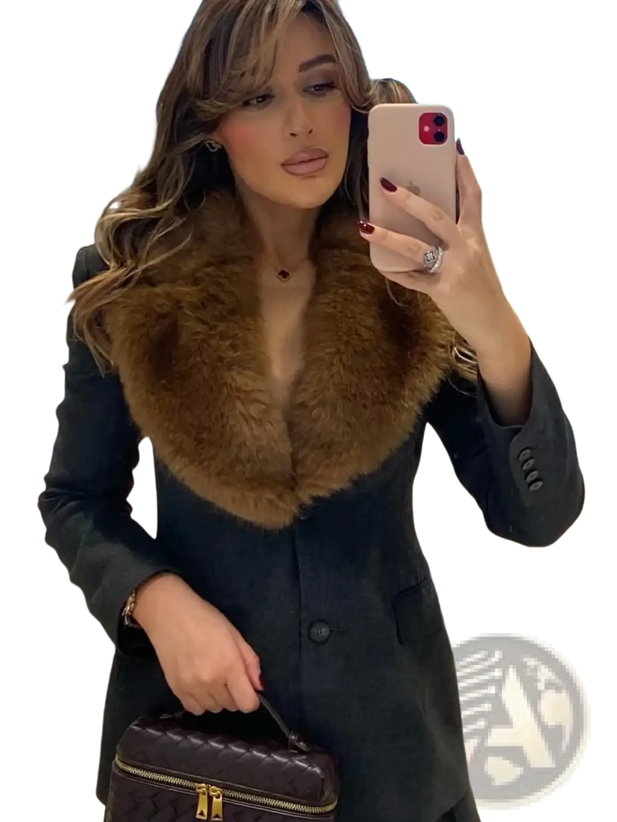 Black wool coat featuring a dark gray fabric with a plush brown fur collar for added warmth and style