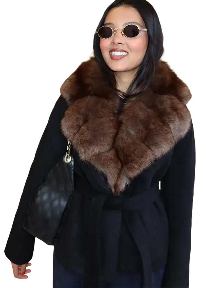 Black wool coat with plush brown fur collar showcasing warmth and elegance for cold weather wear