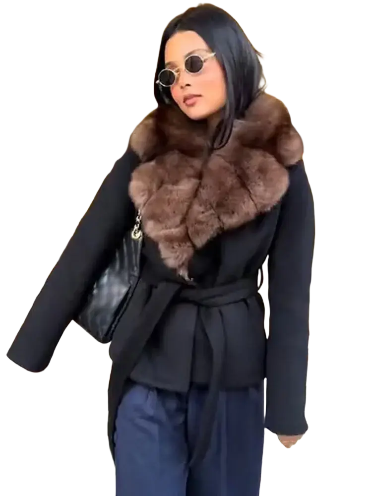 Black wool coat with a plush brown fur collar displayed from the front for stylish winter wear