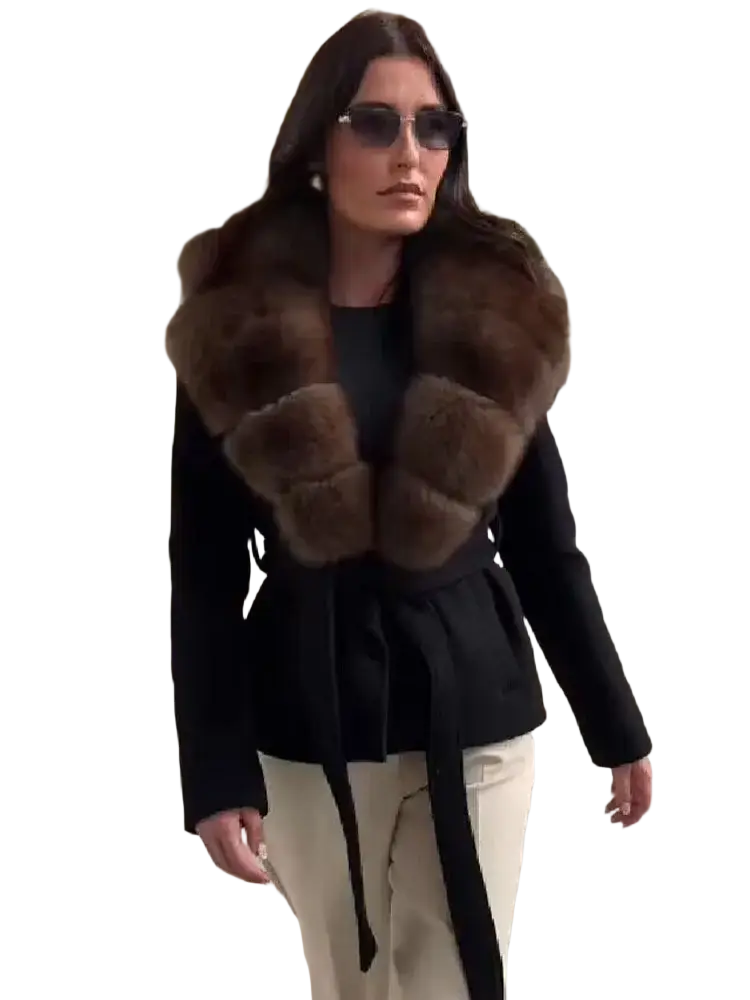 Black wool coat with plush brown fur collar shown from the back in a formal winter outerwear style