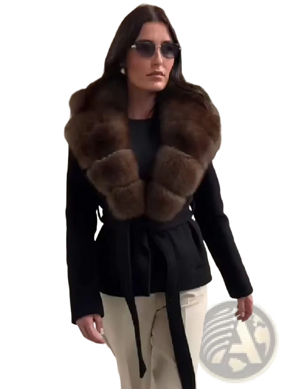 Black wool coat with plush brown fur collar shown from the back in a formal winter outerwear style