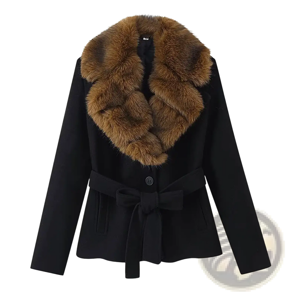 Black wool coat with plush brown fur collar and matching belt tied at the waist for elegant warmth