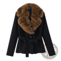 Black wool coat with plush brown fur collar and matching belt tied at the waist for elegant warmth
