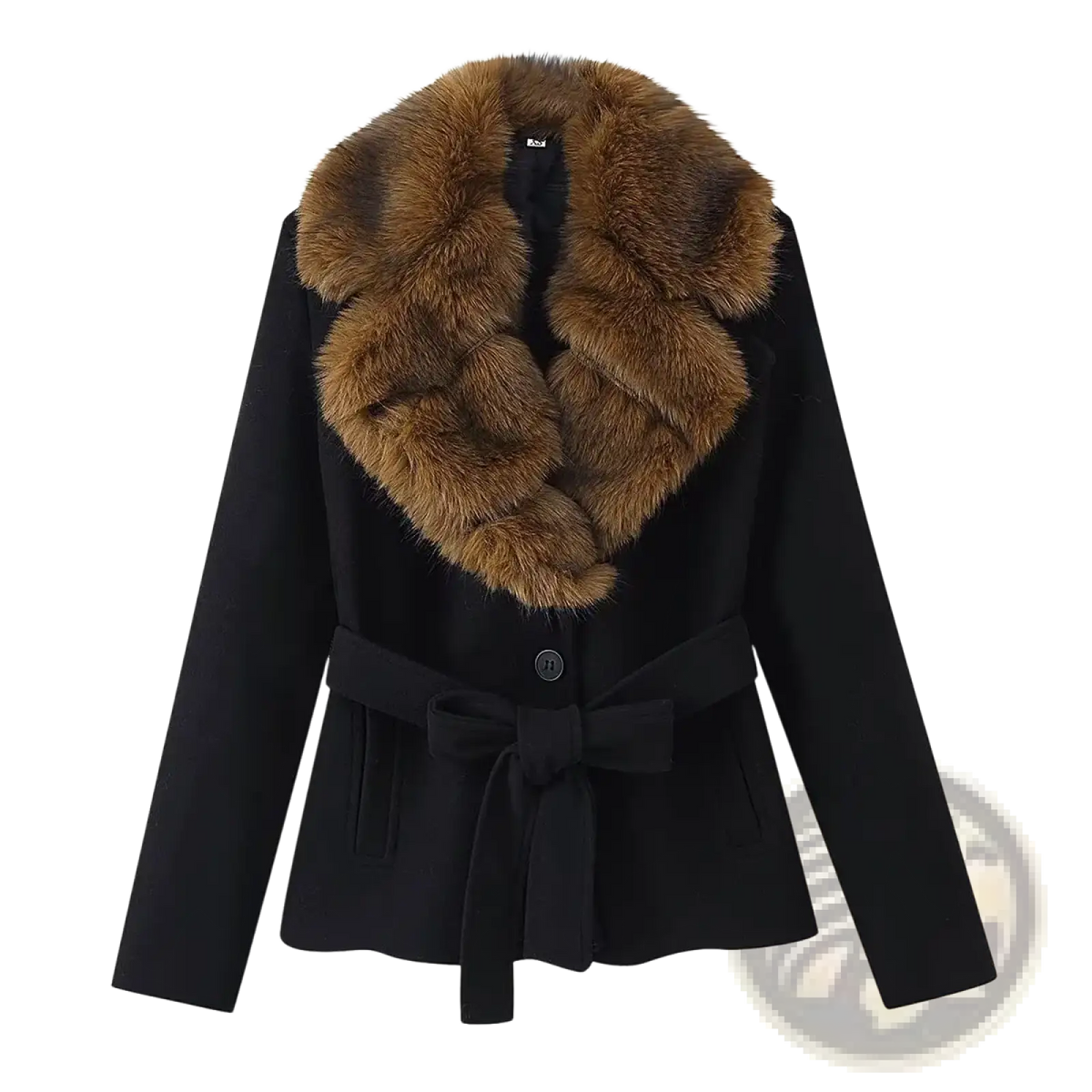 Black wool coat with plush brown fur collar and matching belt tied at the waist for elegant warmth
