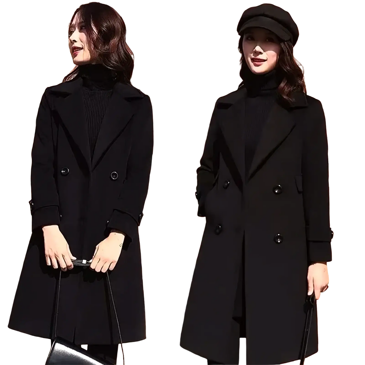 Black wool double breasted trench coat with notched lapels and dark buttons made of wool fabric