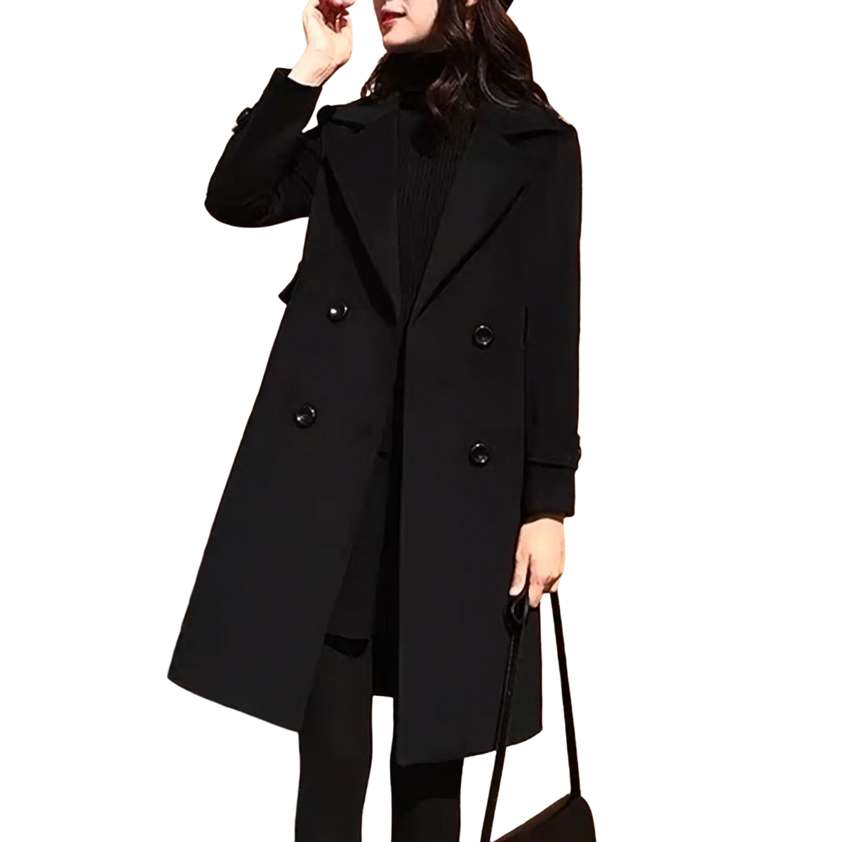 Black wool double breasted trench coat with classic notched lapels and dark buttons for formal outerwear