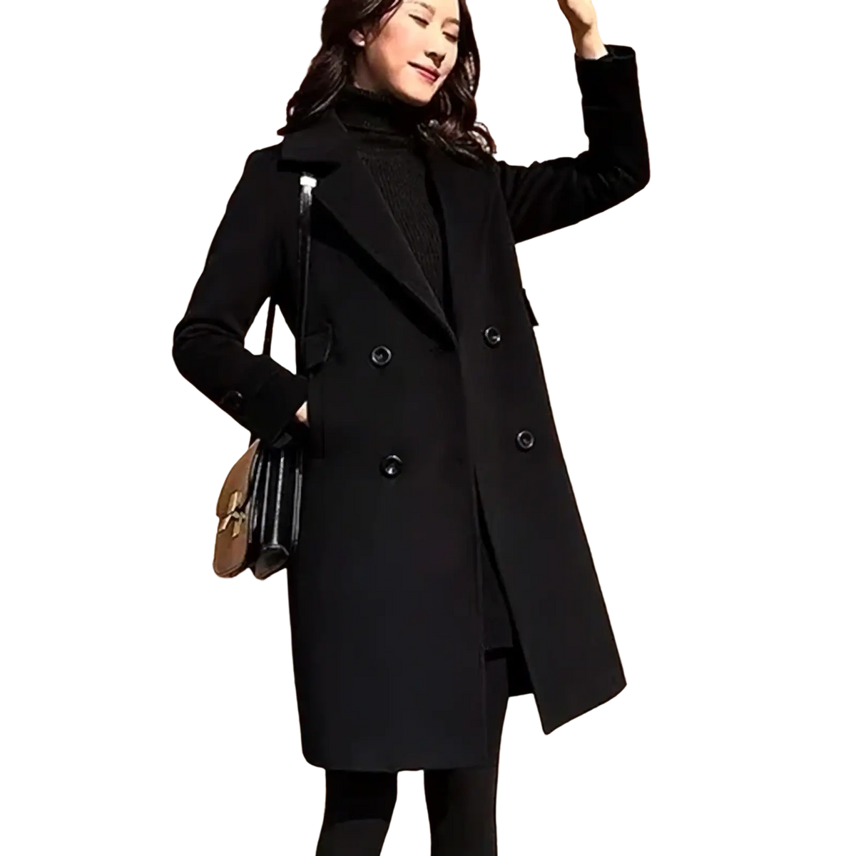 Black wool double breasted trench coat with classic notched lapels and dark buttons displayed from the front