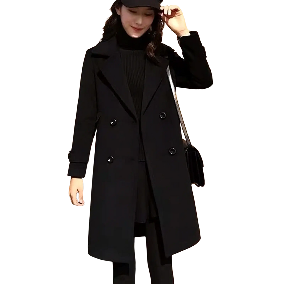 Black wool double breasted trench coat featuring classic notched lapels and dark buttons for formal wear