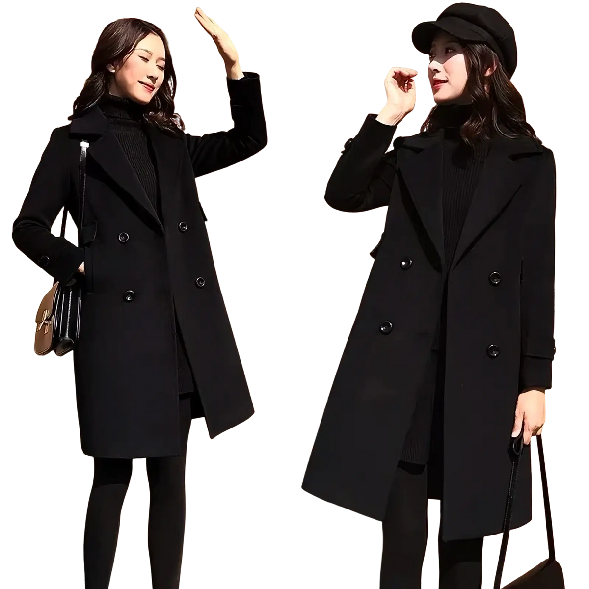 Black wool double breasted trench coat with notched lapels and dark buttons for formal outerwear use