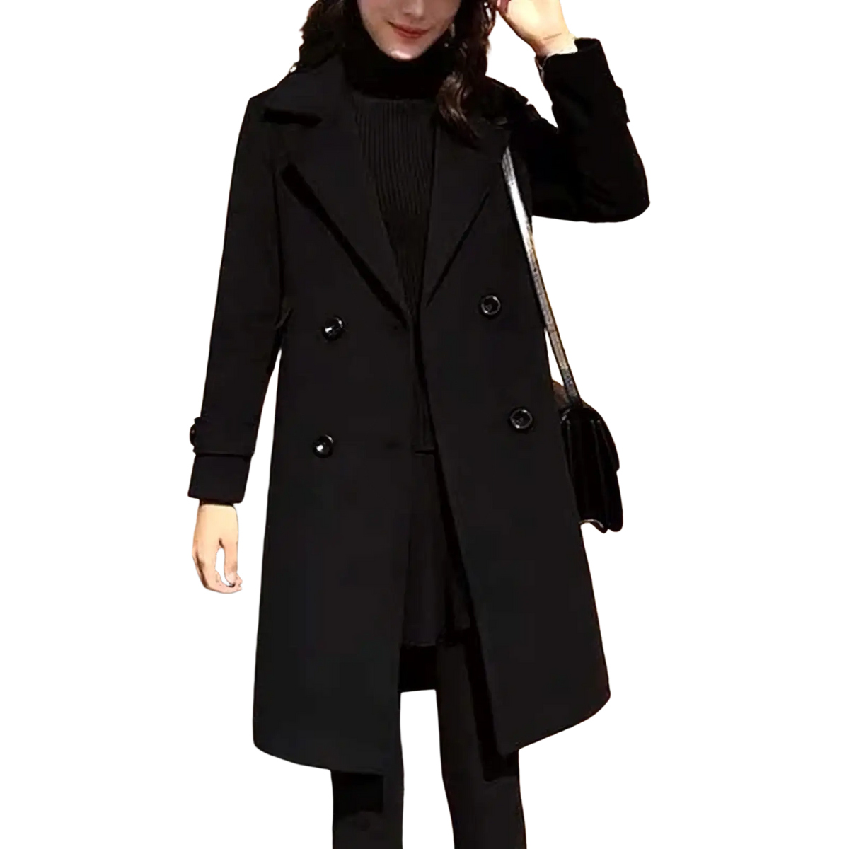 Black wool double breasted trench coat with notched lapels and dark buttons displayed from the front