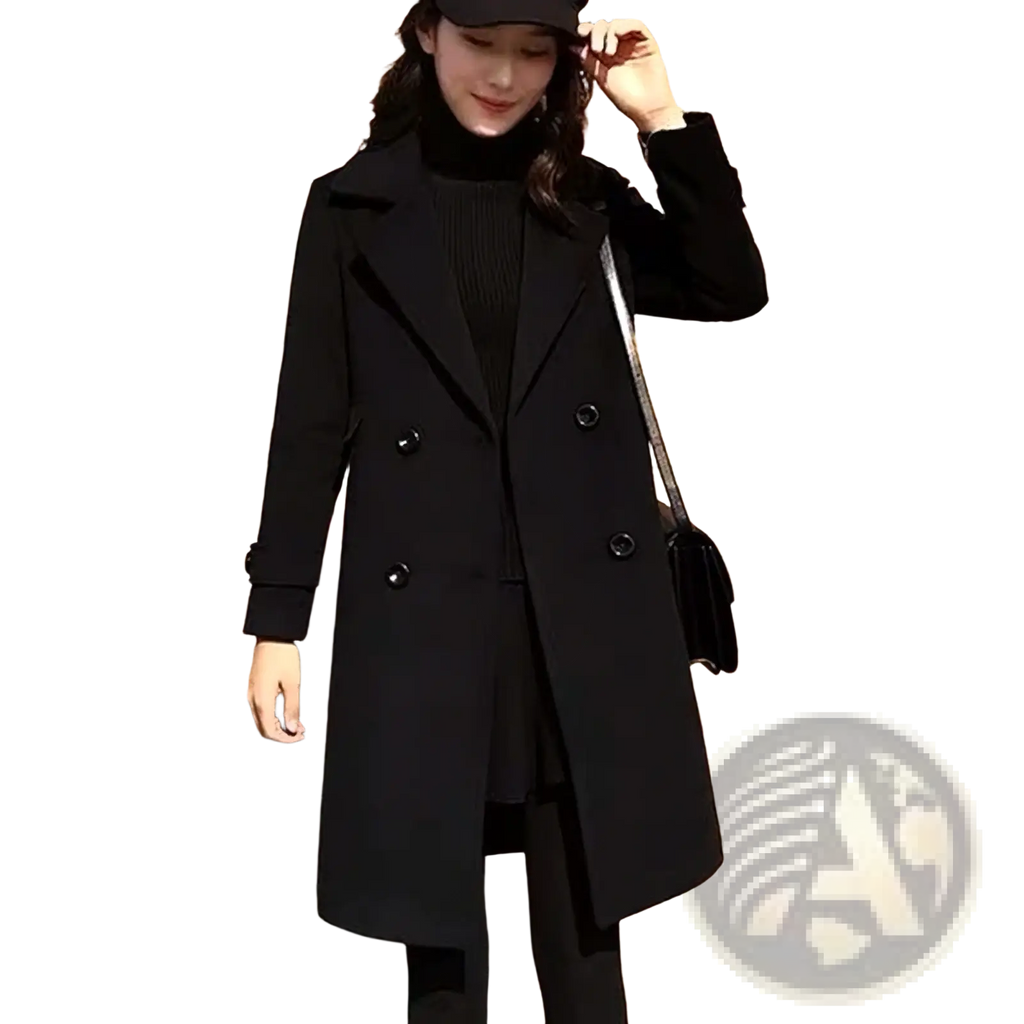 Black wool double breasted trench coat featuring classic notched lapels and dark buttons for formal wear
