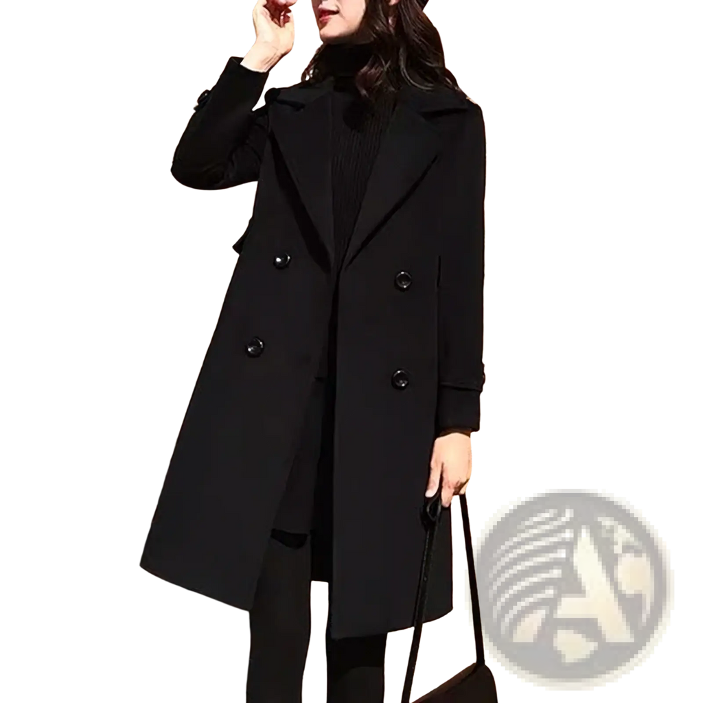 Black wool double breasted trench coat with classic notched lapels and dark buttons for formal outerwear