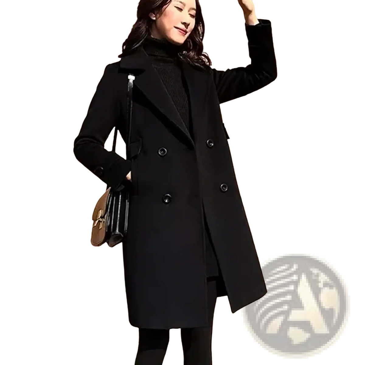 Black wool double breasted trench coat with classic notched lapels and dark buttons displayed from the front