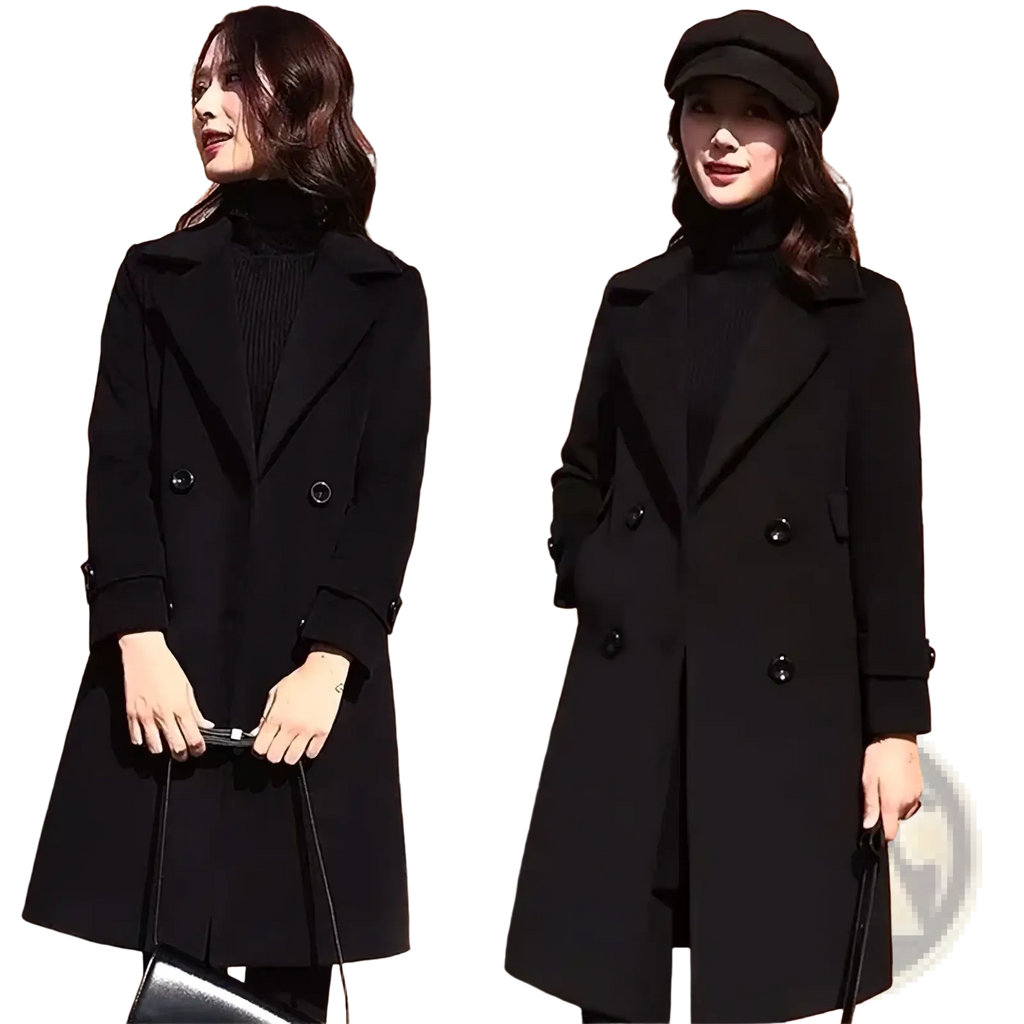 Black wool double breasted trench coat with notched lapels and dark buttons made of wool fabric