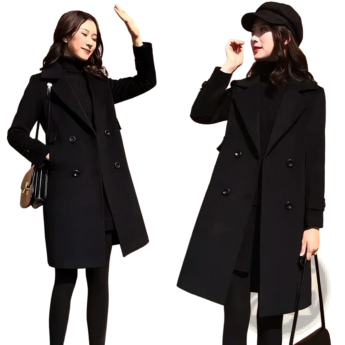 Black wool double breasted trench coat with notched lapels and dark buttons for formal outerwear use