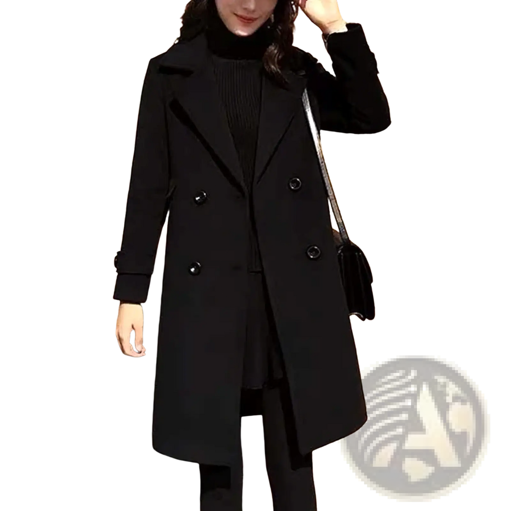 Black wool double breasted trench coat with notched lapels and dark buttons displayed from the front