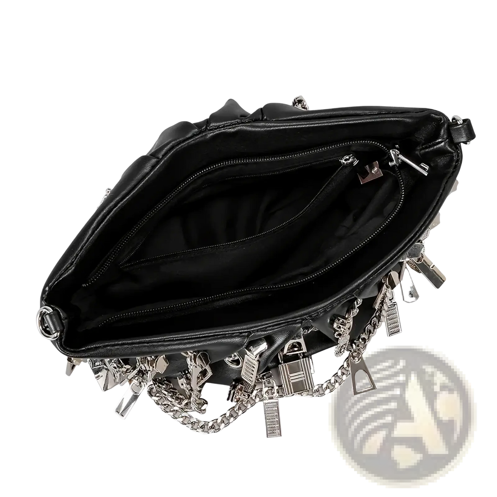 Black y2k punk shoulder bag in black leather with silver chains and metallic lock charms crossbody design