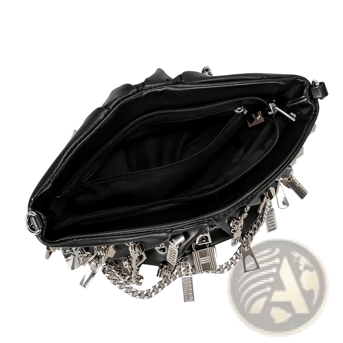 Black y2k punk shoulder bag in black leather with silver chains and metallic lock charms crossbody design