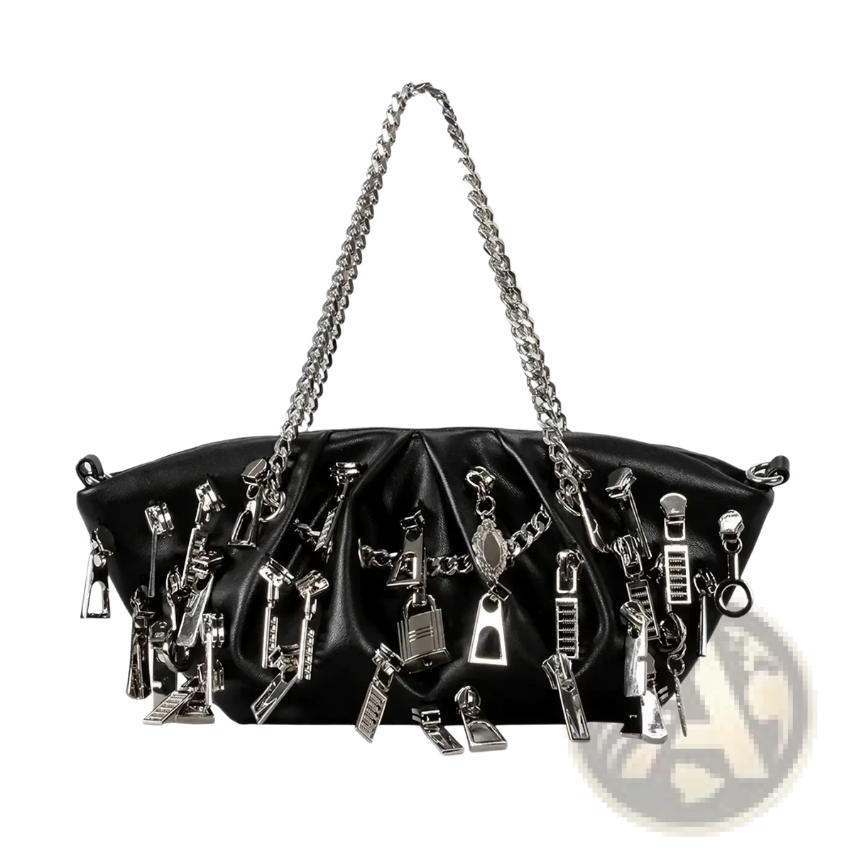 Black Y2k punk shoulder bag in black leather with silver-toned zipper pulls hardware accents and chain strap