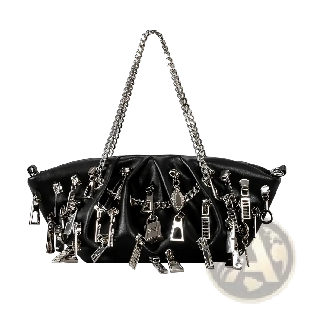 Black Y2k punk shoulder bag in black leather with silver-toned zipper pulls, hardware accents, and chain strap