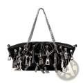Black Y2k punk shoulder bag in black leather with silver-toned zipper pulls, hardware accents, and chain strap