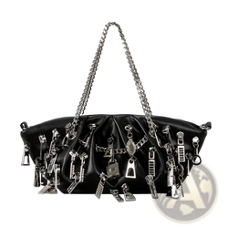Black Y2k punk shoulder bag in black leather with silver-toned zipper pulls, hardware accents, and chain strap
