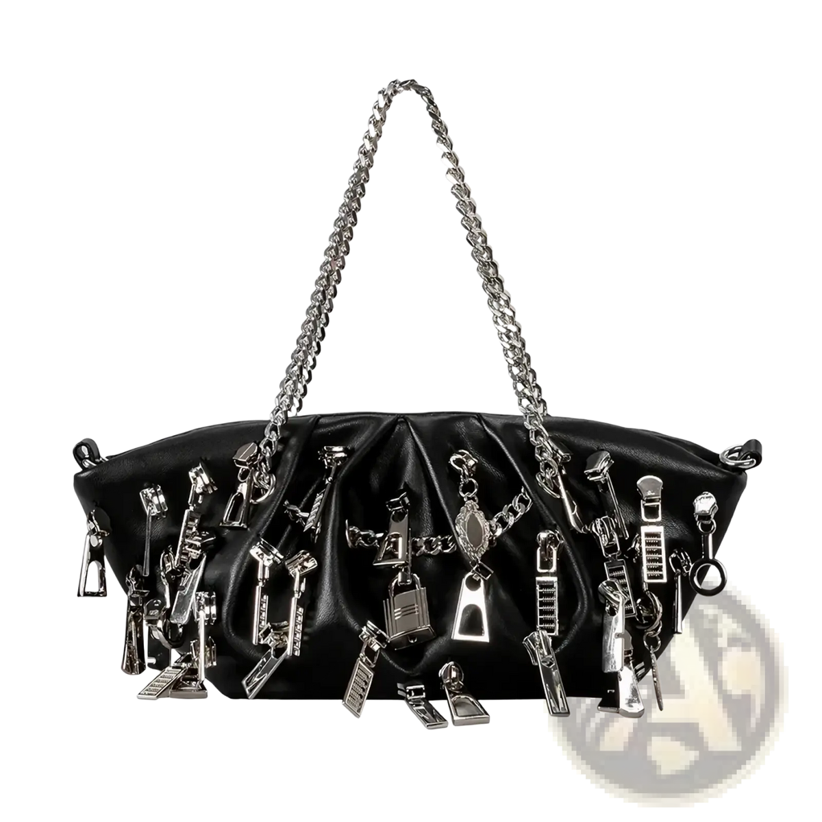 Black Y2k punk shoulder bag in black leather with silver-toned zipper pulls, hardware accents, and chain strap