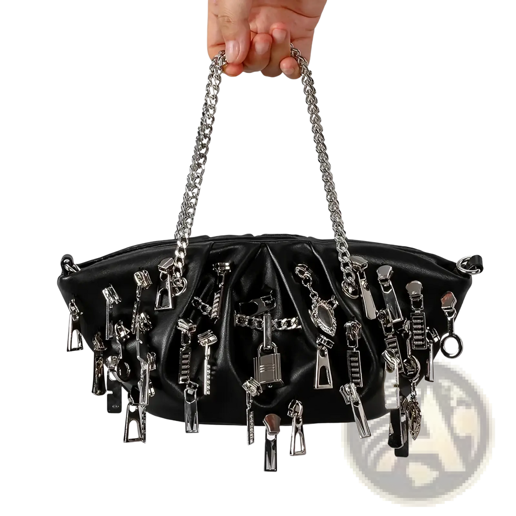 Black Y2k punk shoulder bag in black leather with silver zippers and metallic hardware for edgy fashion use