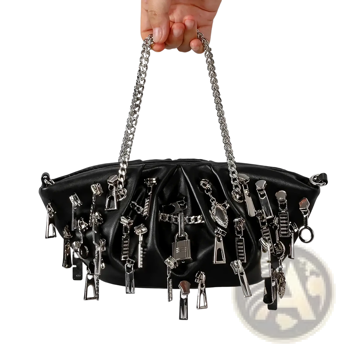 Black Y2k punk shoulder bag in black leather with silver zippers and metallic hardware for edgy fashion use