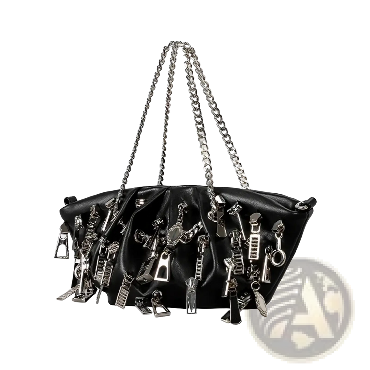 Black Y2k punk shoulder bag in black leather with silver-toned zipper pulls and matching chain strap