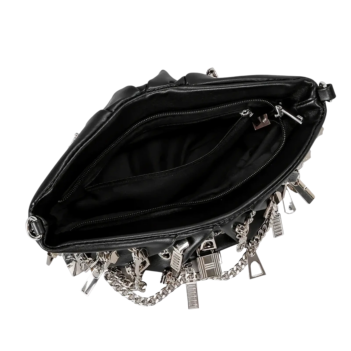 Black y2k punk shoulder bag in black leather with silver chains and metallic lock charms crossbody design