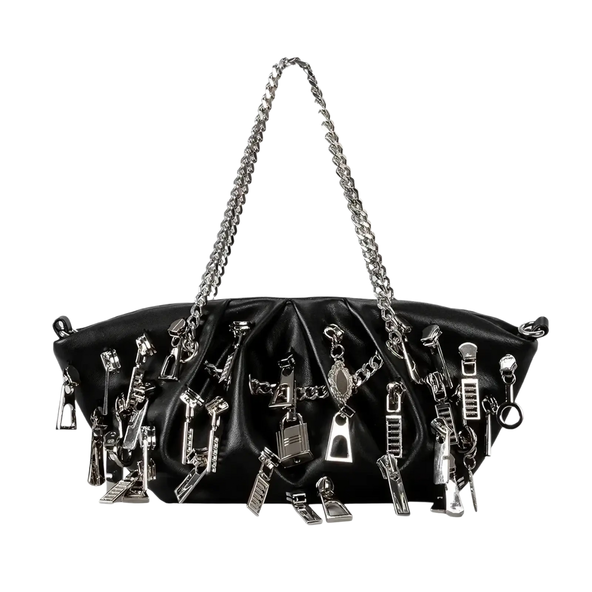 Black Y2k punk shoulder bag in black leather with silver-toned zipper pulls hardware accents and chain strap