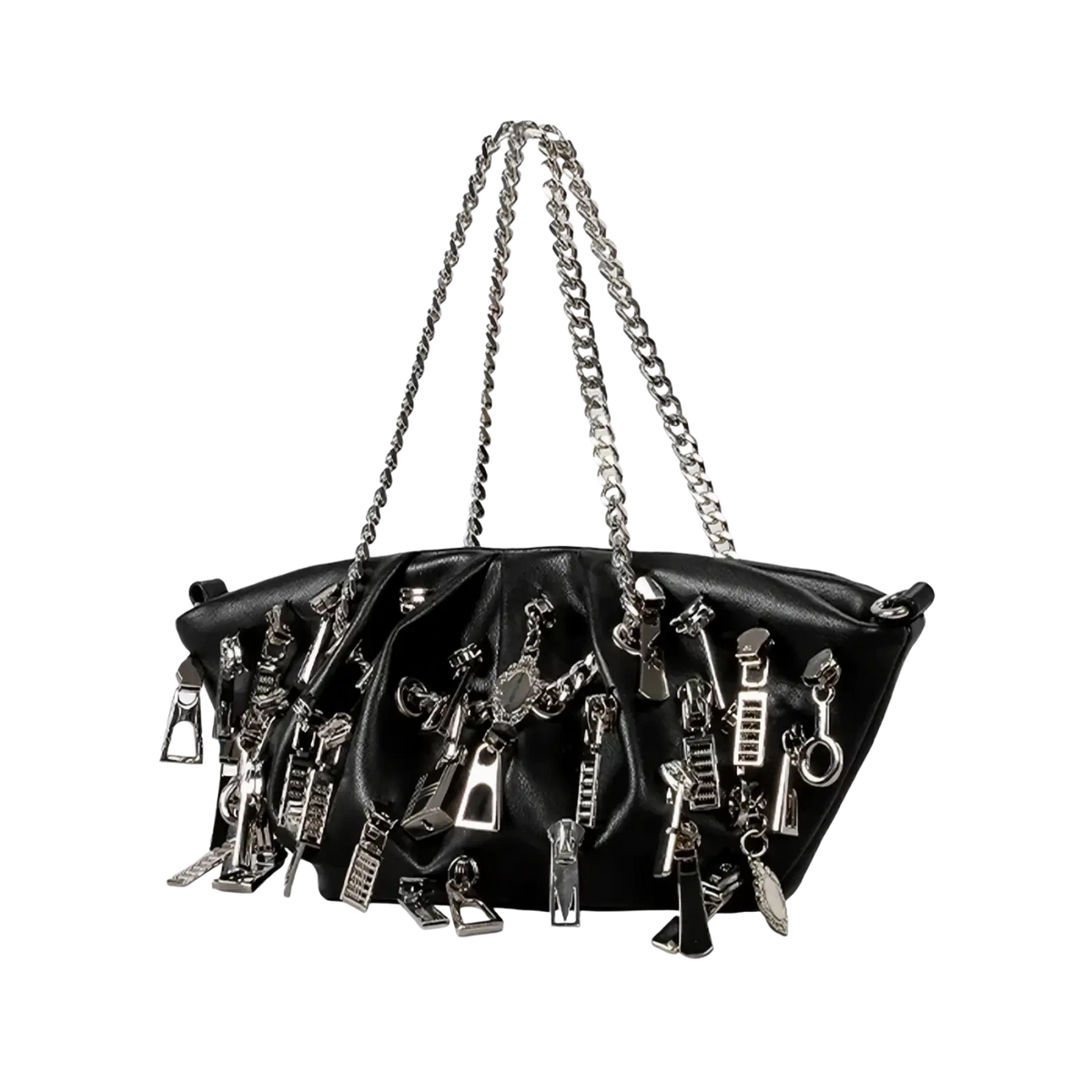 Black Y2k punk shoulder bag in black leather with silver-toned zipper pulls and matching chain strap