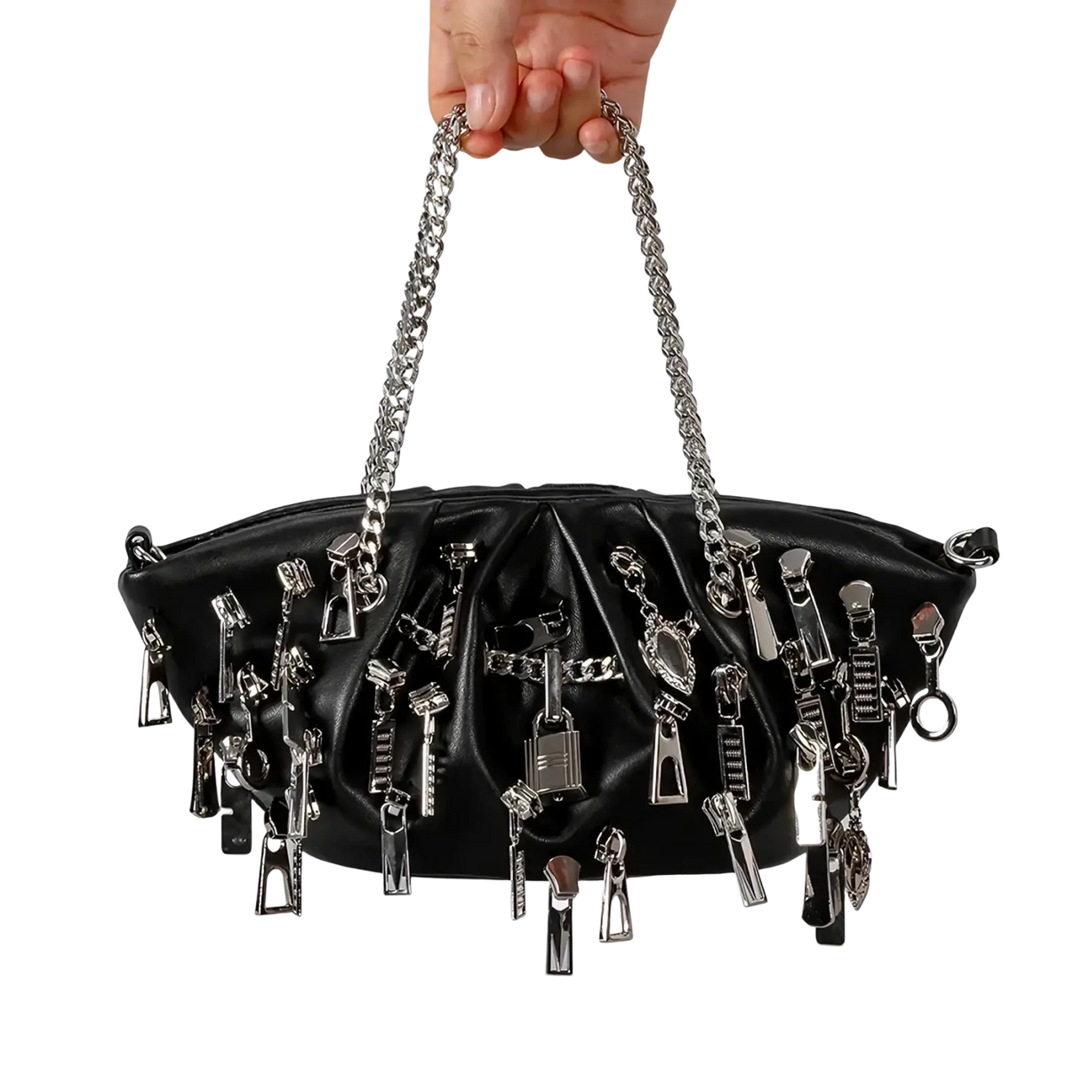 Black Y2k punk shoulder bag in black leather with silver zippers and metallic hardware for edgy fashion use