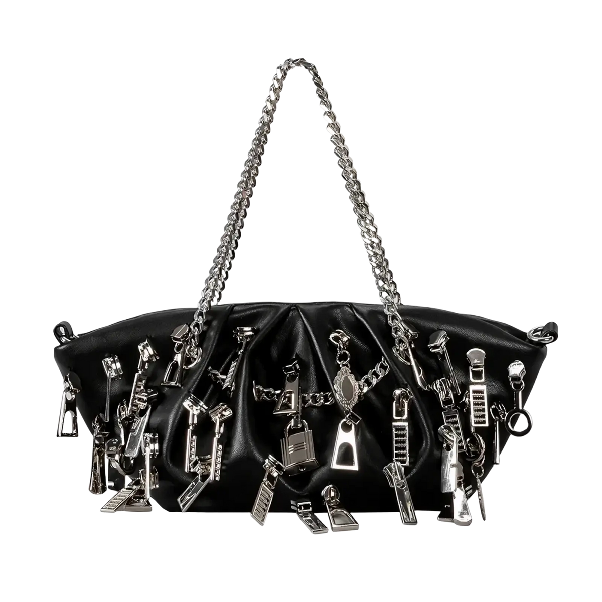 Black Y2k punk shoulder bag in black leather with silver-toned zipper pulls, hardware accents, and chain strap