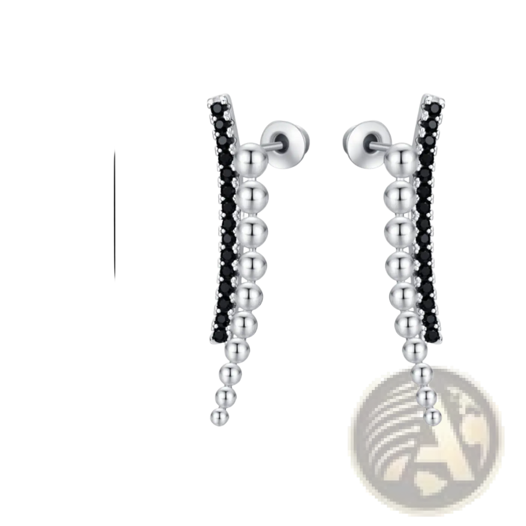 Silver drop earrings with black zircon and polished silver beads in a cascading curved design