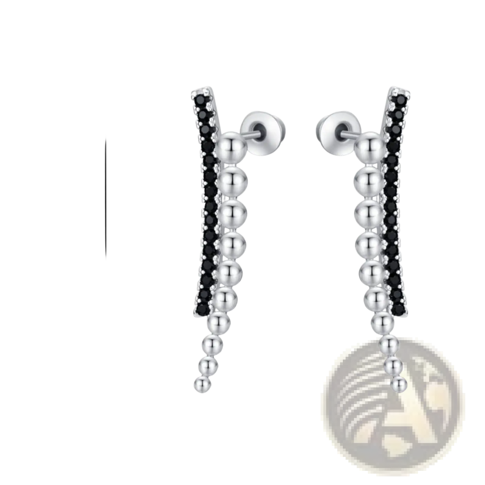 Silver drop earrings with black zircon and polished silver beads in a cascading curved design