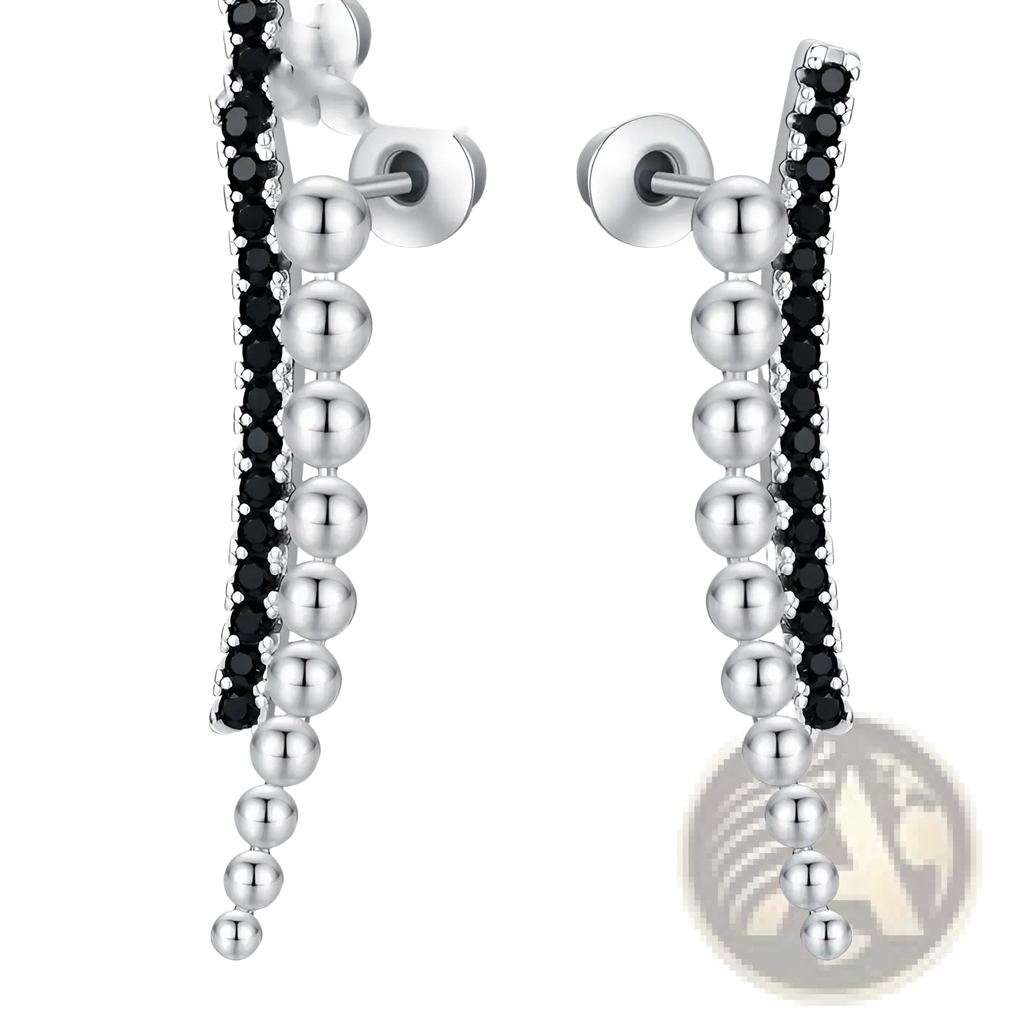 Silver drop earrings with black zircon pavé strip and polished silver spherical beads in a cascading design